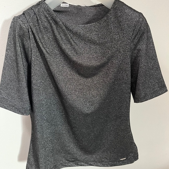 CALVIN KLEIN Black Metallic with Asymmetrical pleats Top Small - Picture 1 of 10
